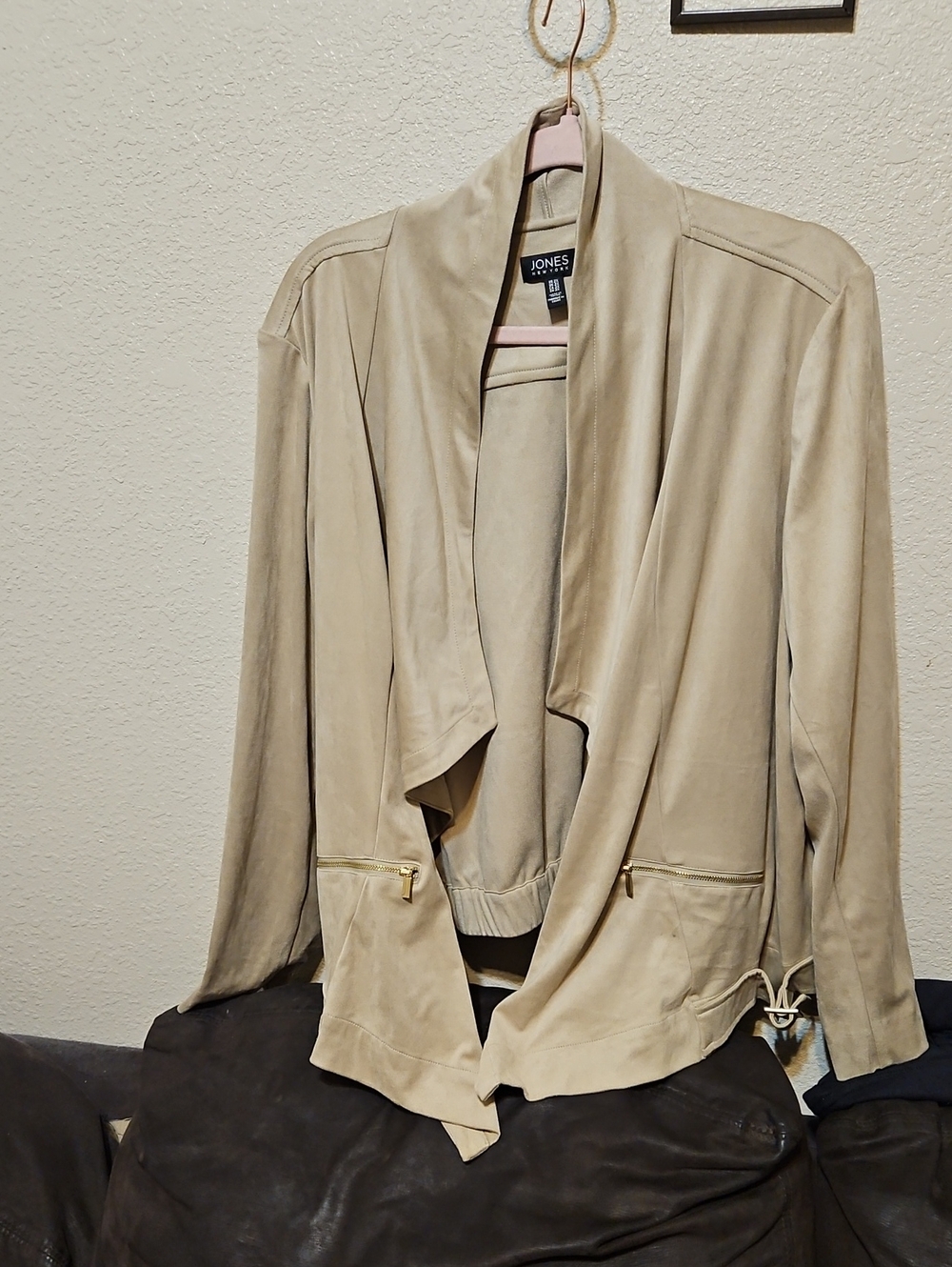 Jones New York Women's Suede Like Beige Draped Open Front Jacket